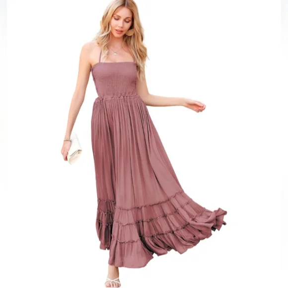 Boutique | Dresses | Mauve Pink Boho Maxi Halter Tie Dress Tiered Long  Flowy Gauze Bohemian Vacation